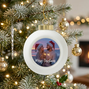 Festive Christmas Photo Design with Script Greetin Ceramic Ball Christmas Ornament