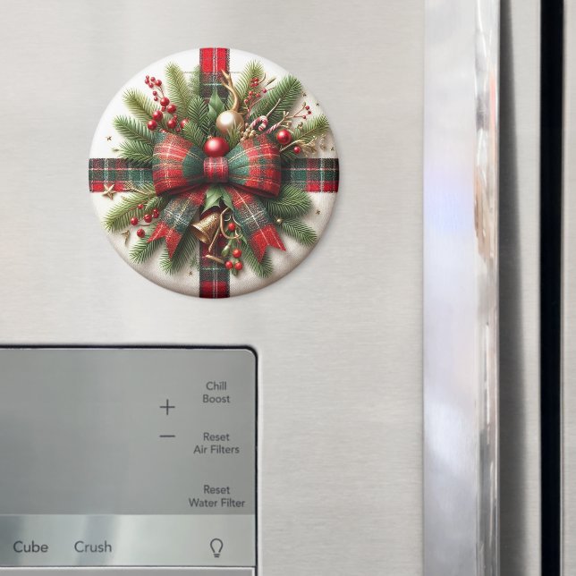 Festive Christmas Pine and Red Tartan Bow   Magnet (In Situ (Fridge))