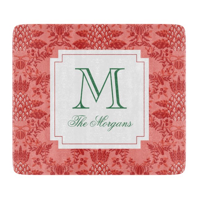 Festive Christmas Pineapple Ornaments Monogram Cutting Board (Front)