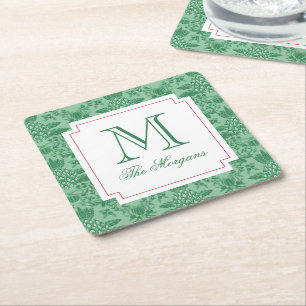 Festive Christmas Pineapple Ornaments Monogram Square Paper Coaster
