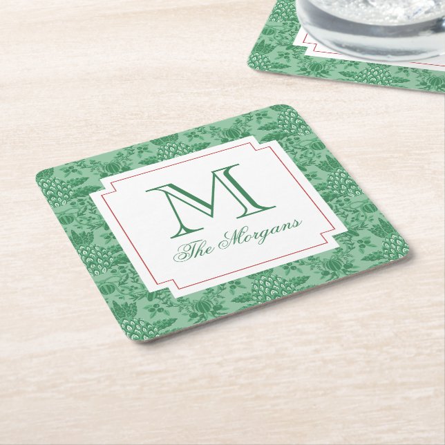 Festive Christmas Pineapple Ornaments Monogram Square Paper Coaster (Angled)
