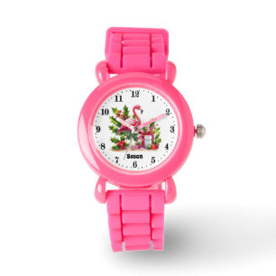 Festive Christmas pink flamingo add name girls Watch