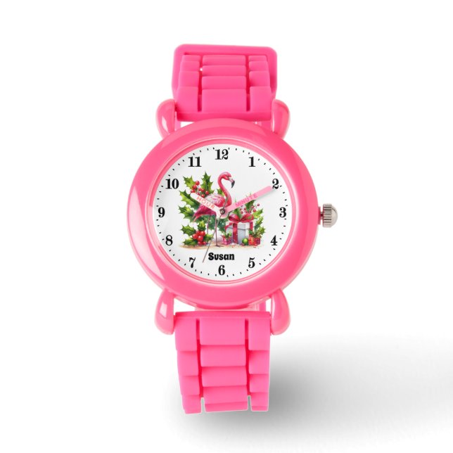 Festive Christmas pink flamingo add name girls Watch (Front)