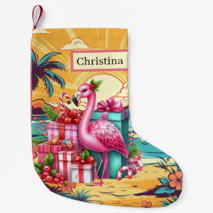 Festive Christmas pink flamingo add name  Small Christmas Stocking