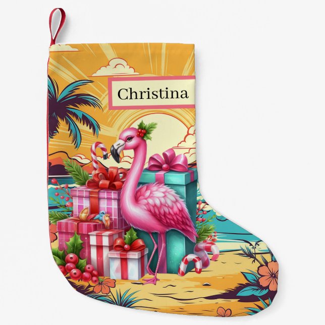 Festive Christmas pink flamingo add name  Small Christmas Stocking (Front)