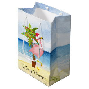 Festive Christmas pink flamingo add text Medium Gift Bag
