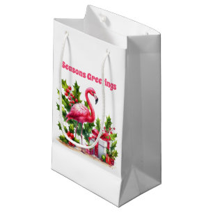 Festive Christmas pink flamingo add text Small Gift Bag