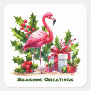 Festive Christmas pink flamingo add text  Square Sticker