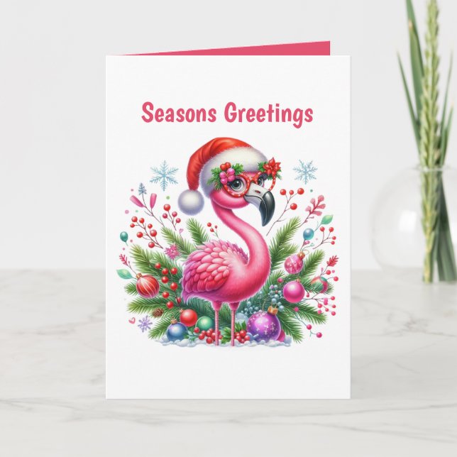 Festive Christmas pink flamingo customisable Holiday Card (Front)