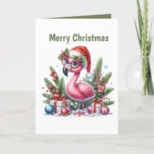 Festive Christmas pink flamingo customisable Holiday Card