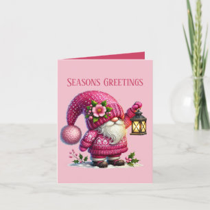 Festive Christmas pink gnome add message Holiday Card