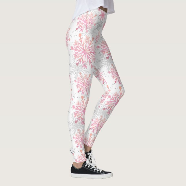 Festive Christmas pink grey snowflakes pattern Leggings (Right)