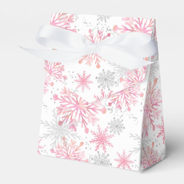 Festive Christmas pink snowflake grey party Favour Box (Front Side)