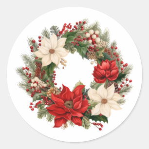 Festive Christmas Poinsettia and Berries Wreath Classic Round Sticker