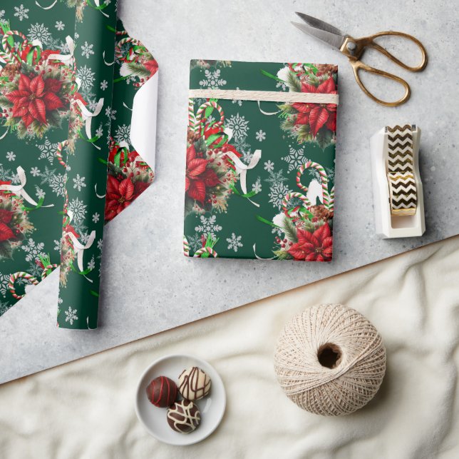 Festive Christmas Poinsettia Floral  Wrapping Paper (Crafts)
