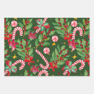 Festive Christmas Poinsettia, Holly Berry, Candy Wrapping Paper Sheet