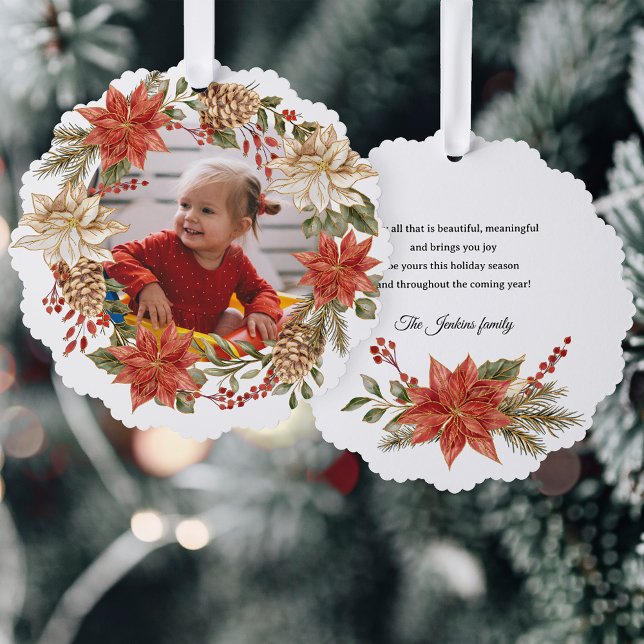 Festive Christmas Poinsettia Wreath Photo Tree Decoration Card (Creator Uploaded)