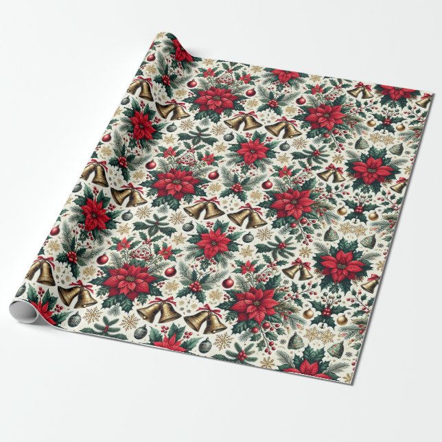 Festive Christmas Poinsettias and Bells Pattern Wrapping Paper (Unrolled)