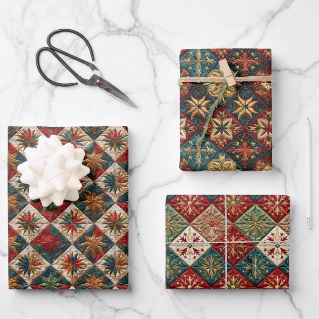  Festive Christmas Quilted Pattern Wrapping Paper Sheet (Front)