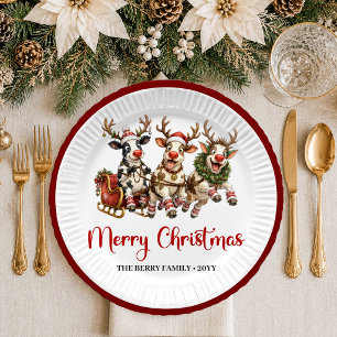 Festive Christmas quirky cow red green christmas Paper Plate
