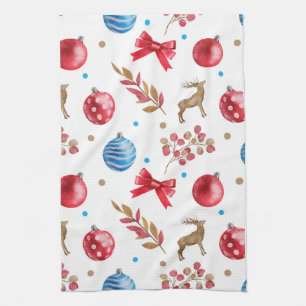 Festive Christmas Red Blue Ornaments Bows Elks Tea Towel