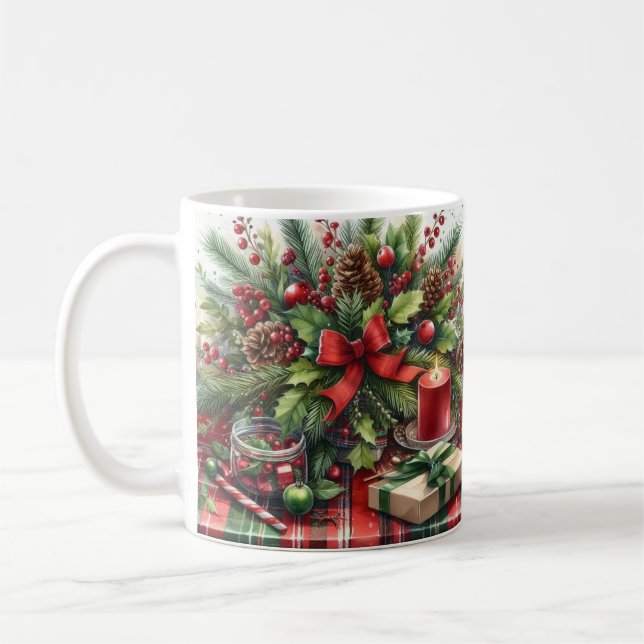 Festive Christmas Red Bow with Greenery  Coffee Mug (Left)