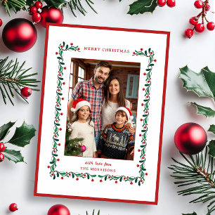 Festive Christmas Red/Green Botanical One-Photo  Holiday Card
