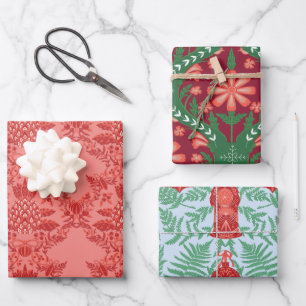 Festive Christmas Red & Green Pattern Wrapping Paper Sheet