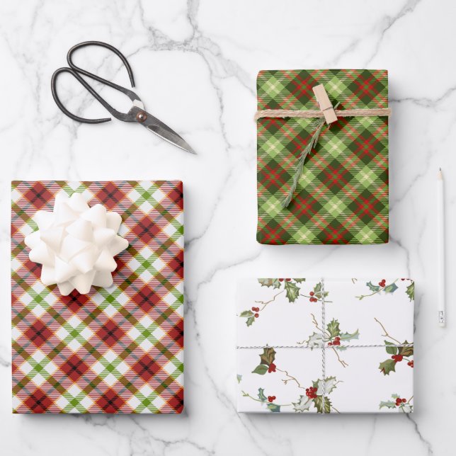 Festive Christmas Red & Green Plaid w/Holly Wrapping Paper Sheet (Front)