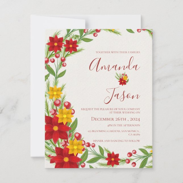 Festive Christmas Red Green Wreath Floral wedding  Invitation (Front)
