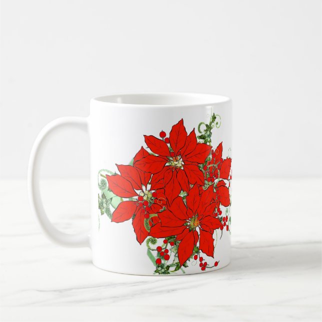 Festive Christmas Red Poinsettia  Flower Ceramic  Coffee Mug (Left)
