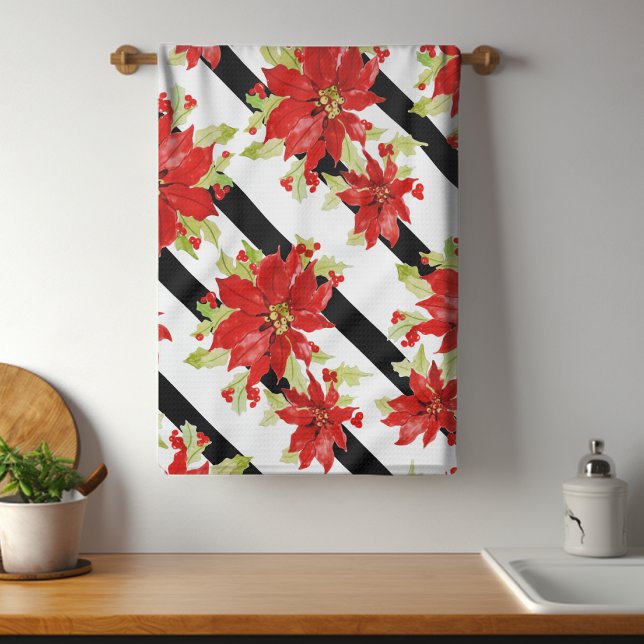 Festive Christmas Red Poinsettia Watercolor Floral Tea Towel (Creator Uploaded)