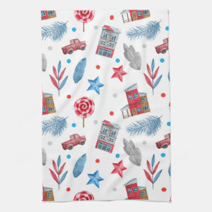 Festive Christmas Red Retro Van Fir Tree Branches Tea Towel