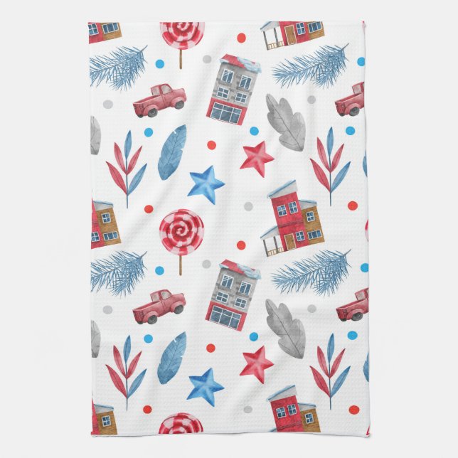 Festive Christmas  Red Retro Van Fir Tree Branches Tea Towel (Vertical)