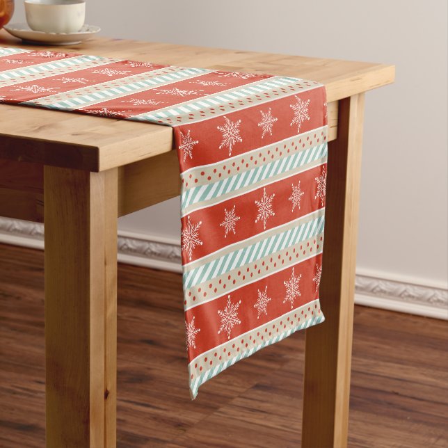Festive Christmas Red Striped Snowflakes Pattern Short Table Runner (In Situ)