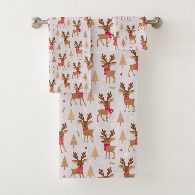 Festive Christmas reindeer Holiday Bath Towel Set (Insitu)