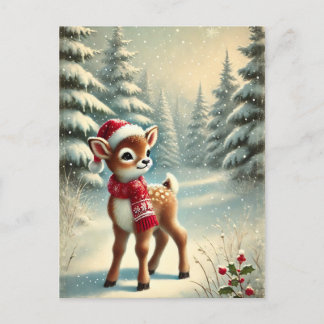 Festive Christmas Reindeer in Snowy Forest  Holiday Postcard