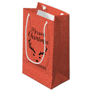 Festive Christmas Reindeer & Snowfall Red Holiday Small Gift Bag