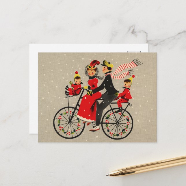 Festive Christmas retro vintage Family biking Holiday Postcard (Front/Back In Situ)