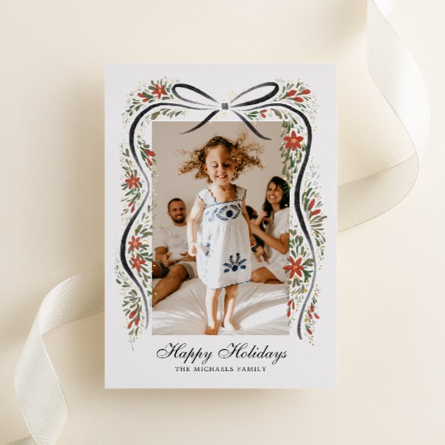 Festive Christmas Ribbon with Poinsettias Foil Holiday Card (Creator Uploaded)