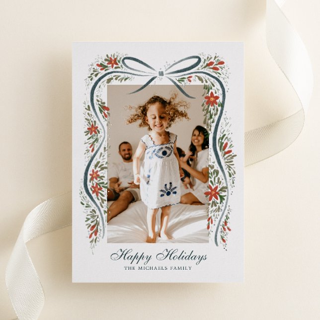 Festive Christmas Ribbon with Poinsettias Foil Holiday Card (Creator Uploaded)