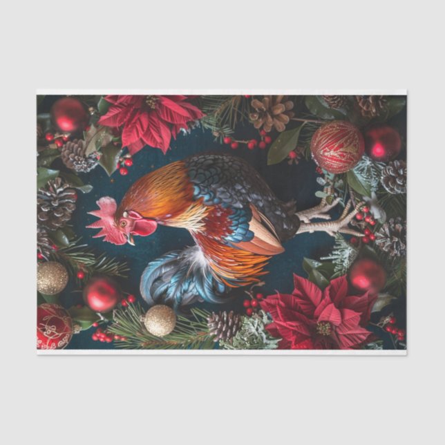 Festive Christmas Rooster Decoupage Tissue Paper (Front)