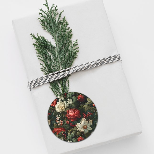 Festive Christmas Roses, Pine and Holly Wedding Classic Round Sticker (Creator Uploaded)