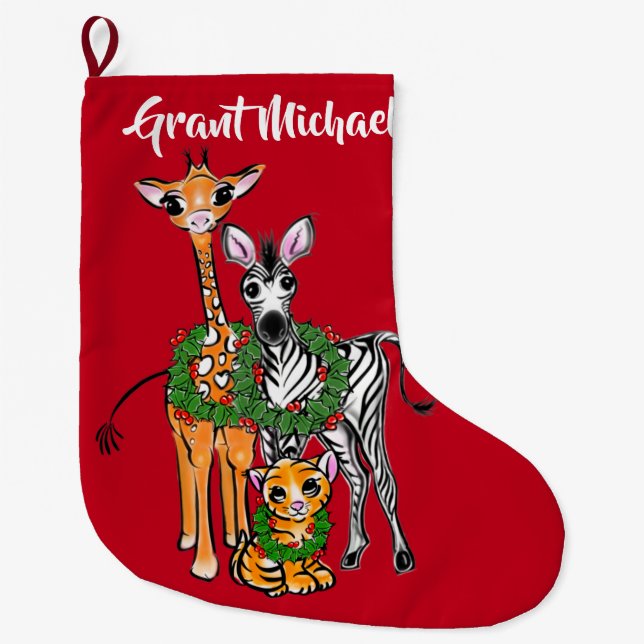 Festive Christmas safari, zebra giraffe lion Large Christmas Stocking (Front)