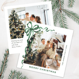 Festive Christmas Sage Green Bow Ribbon 2 Photo Holiday Card