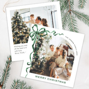 Festive Christmas Sage Green Bow Ribbon 2 Photo Holiday Card