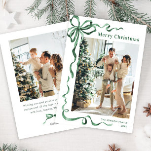 Festive Christmas Sage Green Bow Ribbon 2 Photo Holiday Card