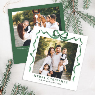 Festive Christmas Sage Green Bow Ribbon 2 Photo Holiday Card