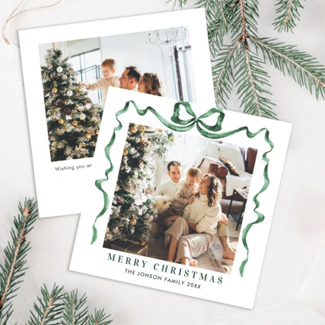 Festive Christmas Sage Green Bow Ribbon 2 Photo Holiday Card (Creator Uploaded)
