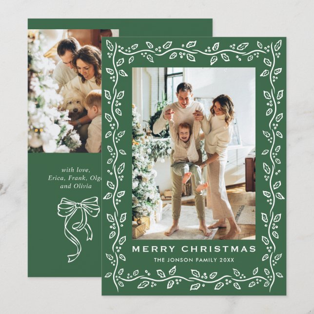 Festive Christmas Sage Green Bow Ribbon 3 Photo Holiday Card (Front/Back)